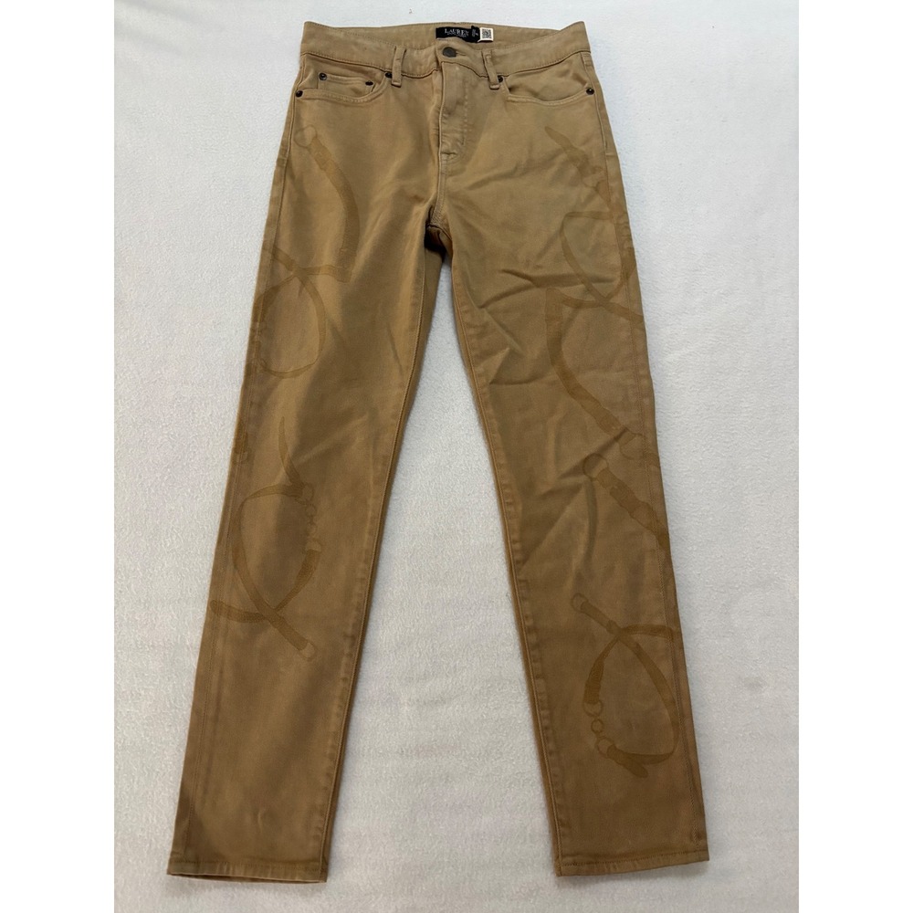 Lauren Ralph Lauren Tan Equestrian Stirrup Print Slim Straight Pants Size 4